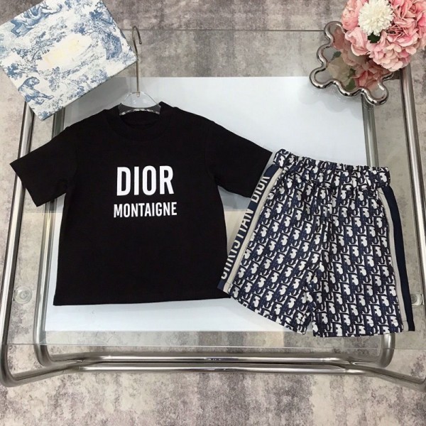 Dior ディオール Tシャツハイブランド 夏 半袖 男の子 女の子 tシャツシンプル子供服 tシャツ 上着 ズボンツーピース 綿 100％ 快適