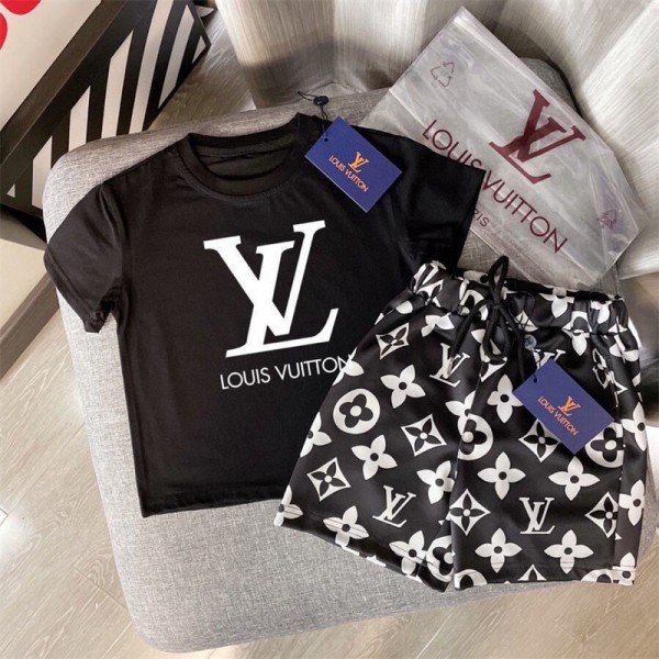 Lv ルイヴィトンtシャツ ブランド 子供服 男の子 女の子 tシャツ 半袖 半ズボンのツーピース 上下セット部屋着 運動 激安 tシャツ